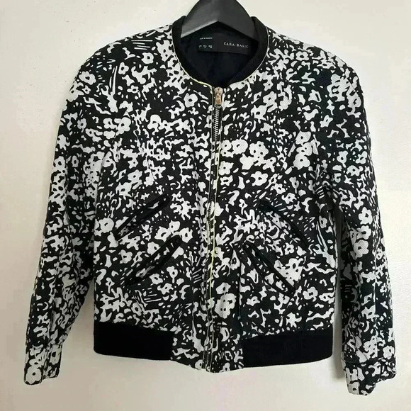 Zara Floral Black & White Bomber Jacket Women's Full Zip Pockets Size Small - Picture 1 of 6